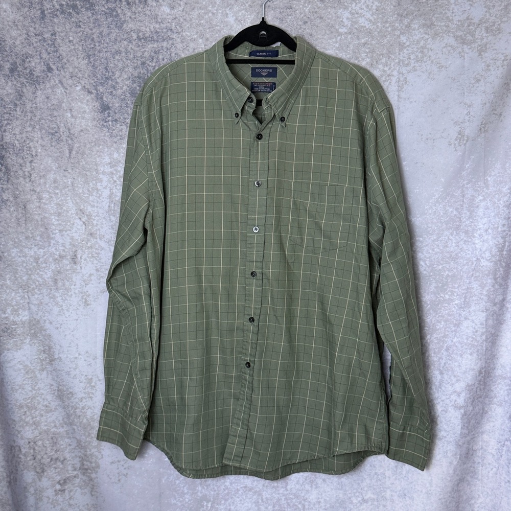 Dockers Mens XXL Classic Fit Button Down Shirt Sage Green Windowpane Long Sleeve